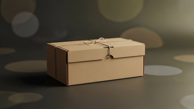 Minimalist cardboard box tied with string against a blurred bokeh backdrop