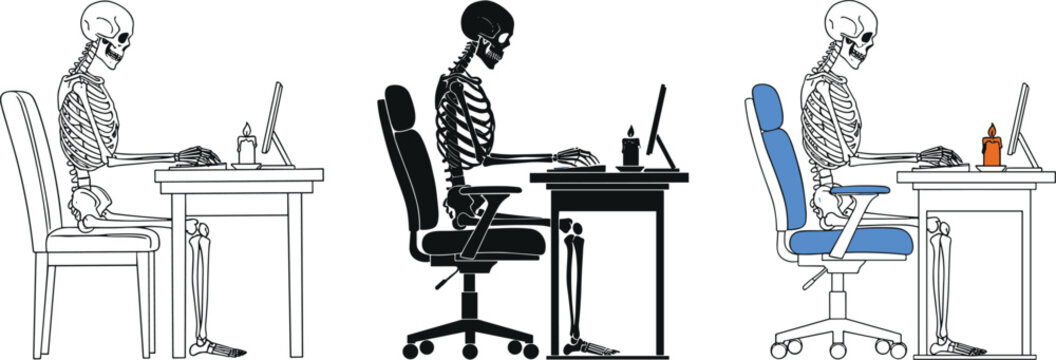Skeleton sitting at desk working on computer vector set, featuring human bones at workstation in outline, black silhouette, and color.