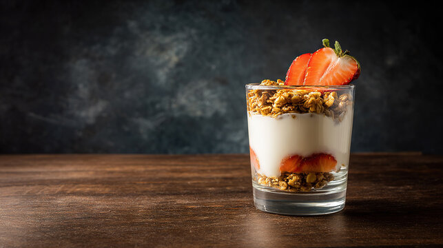 Fresh fruit yogurt with granola topping on a wooden table