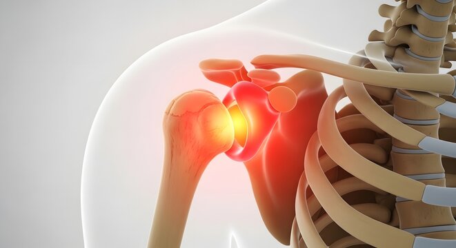 Detailed bone anatomy of a human shoulder joint with red glow. Arthritis symptoms and orthopedic surgery. Skeletal humerus and scapula model showing internal joint inflammation