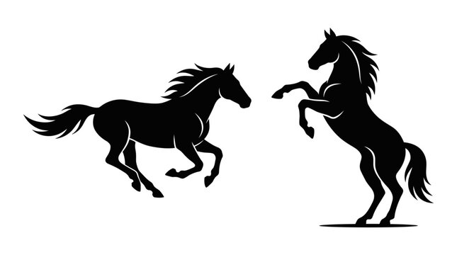 Horse Silhouettes Vector Galloping Rearing Dynamic Motion Black Outline Equine Art Illustration Grace Strength Animal Clipart Design Wildlife Mammal Nature Symbol Icon Graphic