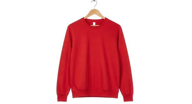 Plain red long sleeve sweatshirt mockup on a wooden hanger. Isolated on transparent background, png