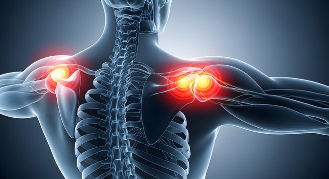 Bilateral shoulder pain and back muscle inflammation. Physical therapy and ergonomics. Rear view of a transparent human skeleton showing symmetrical glowing red pain points on shoulders