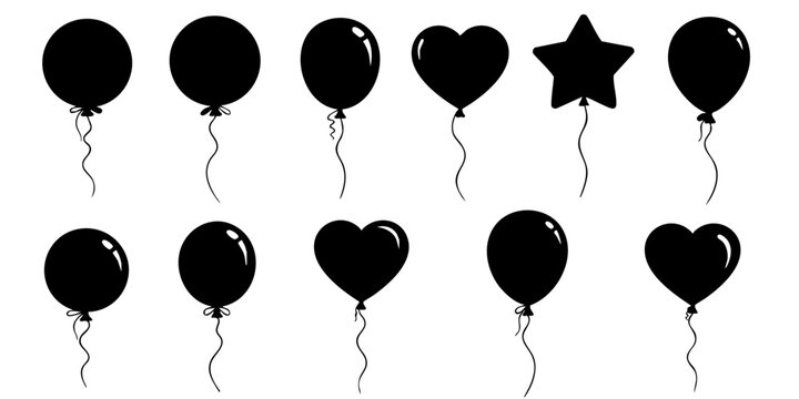 Black balloons and heart shapes float in the air with ribbons