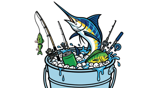 Sport Fishing Illustration with Marlin Mahi Mahi and Fishing Rods in Ice Bucket for Outdoor Adventure Graphic