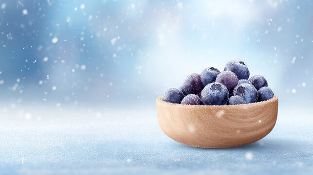 Fresh blueberries dusted with snow in a wooden bowl