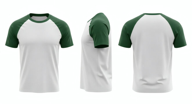 Blank realistic two-tone raglan short-sleeve t-shirt apparel mockup in white and dark green, showcasing front, side, and back views for design and branding presentation&nbsp;
