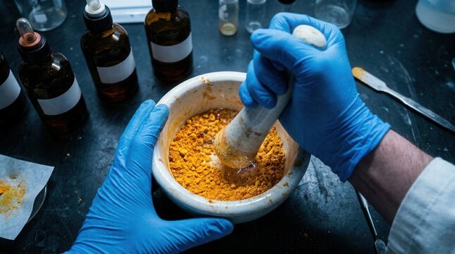 Gloved hands meticulously pulverizing ingredients in a mortar and pestle within a laboratory setting.