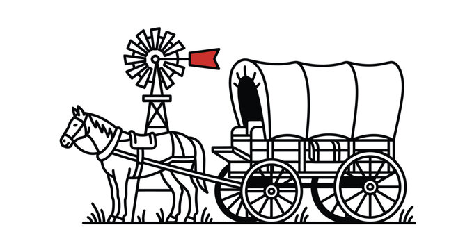 Minimalist Vintage Style Illustration of a Horse Drawn Covered Wagon and Farm Windmill for American Frontier and Travel Branding