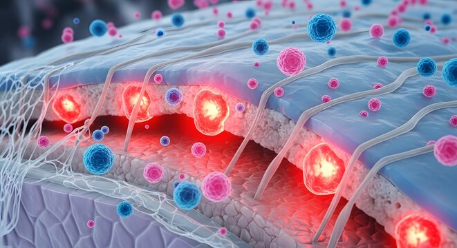 Cellular inflammation and skin tissue damage. Dermatology and molecular biology. Macro view of skin layers with glowing red infected cells and blue healthy cells with fibers