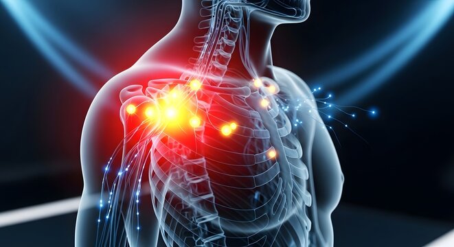 Neural shoulder pain and brachial plexus nerve inflammation. Chronic neuropathy and anatomy concept. Glowing nervous system highlights on a human body skeleton during medical diagnosis