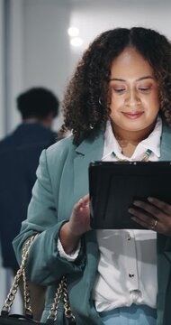 Walking, smile or woman with tablet in hallway, review news article or proofreading story for publication. Tech, journalism or editor with grammar check for feature draft, send feedback or approval