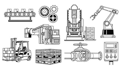 Naklejka premium Industrial factory equipment and machinery line art black and white vector illustration set.