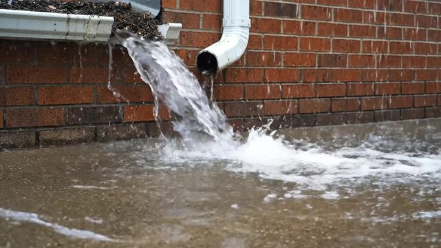 Heavy rain causes gutter to overflows, water pours out