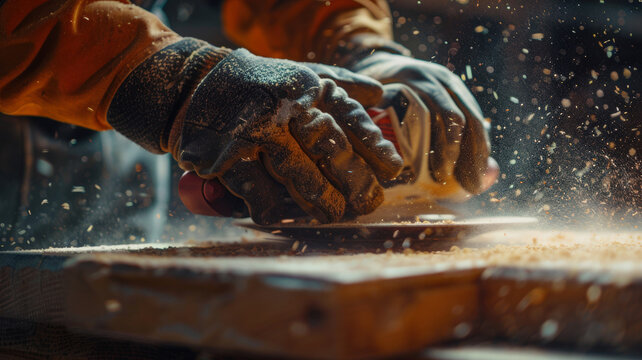Worker hand in protective gloves holds sanding tool during process of manually sanding wooden surface. Against blurred background of wood chips, particles, shavings, and bokeh.