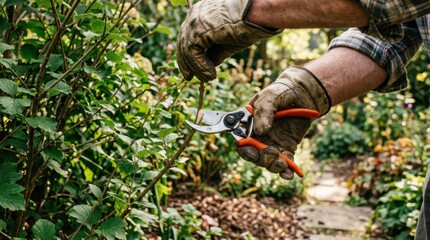 Obraz premium Gardener's gloved hands expertly pruning lush green bush with sharp shears in vibrant garden setting