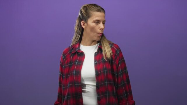 Young woman puckers lips showing mouth gesture wearing red plaid shirt and white tee in studio purple backdrop; playful curiosity.