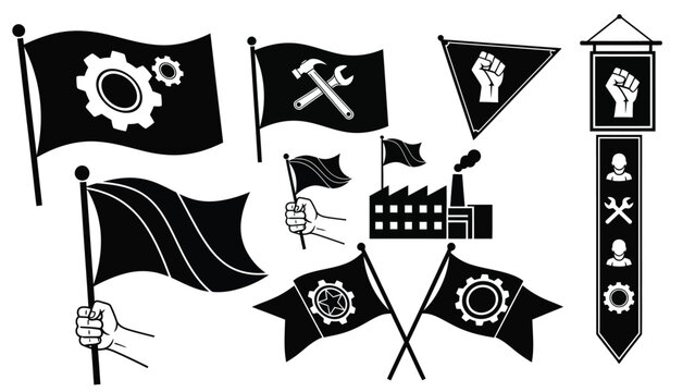 Workforce and industrial union protest vector icons featuring workers and flags.