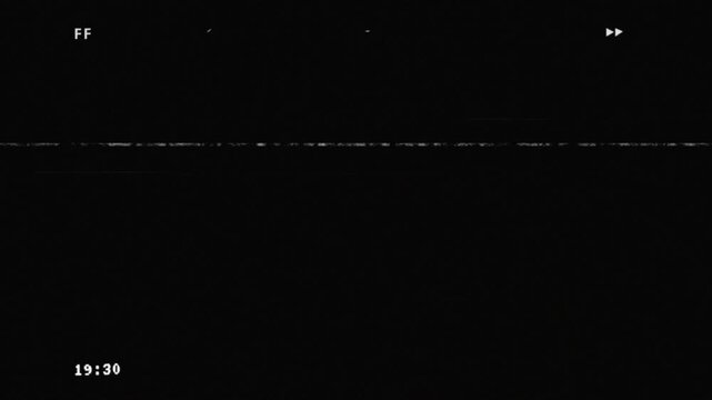 Fast forward VHS playback animation with tape counter, SP mode, classic analog noise and signal interference on black background 4K resolution.