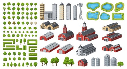 Naklejka premium Isometric set of various buildings, tree, pond, and path for city and farm map creation.