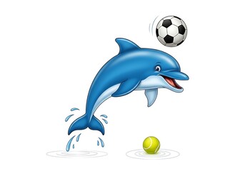 Fototapeta premium A dolphin jumping out of the water to hit a soccer ball
