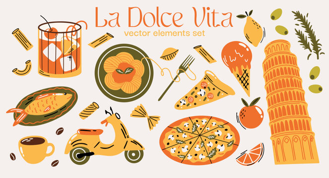 Italian city aesthetic vector sticker elements set with illustration of landmarks, italian food, pizza, pasta, ice cream, coffee, retro scooter in cartoon groovy funky style for travel blog