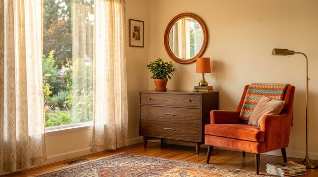 Retro walnut dresser with mirror and plant in a cozy living room corner with ambient light
