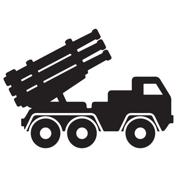 Black Silhouette of a Multiple Launch Rocket System MLRS Truck with Raised Launcher Tubes Isolated on White Background, Representing Military Defense, Artillery Power, and Combat Readiness.