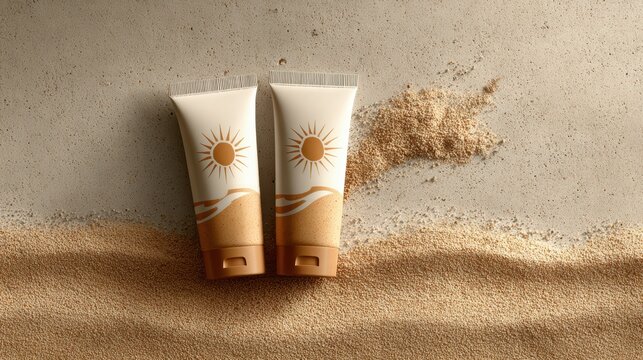 White tubes of sunscreen and Sun shape from white Sun cream on color background,Sunblock lotion bottles,Sun protection on vacation,Top view,Banner vacation summer beach concept,space for text.