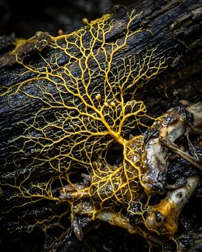 Vivid yellow slime mold physarum polycephalum spreading on decaying wood