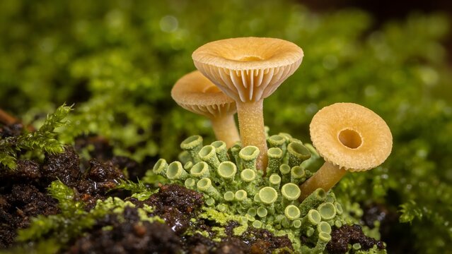 Small Yellow Forest Mushrooms Growing Among Green Moss and Cup Lichen