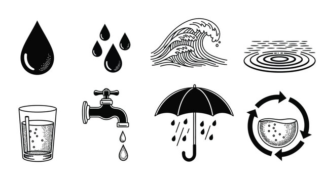 Water related icons including drops waves tap umbrella and water cycle.