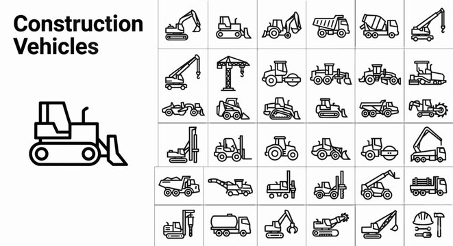 Extensive collection of construction vehicle line icons featuring heavy duty machinery including excavators, bulldozers, cranes, loaders, and various specialized industrial equipment for building, roa