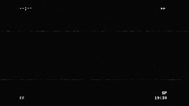 Retro vhs fast forward screen with digital timer, forward symbol and tape distortion 4K video on black background.