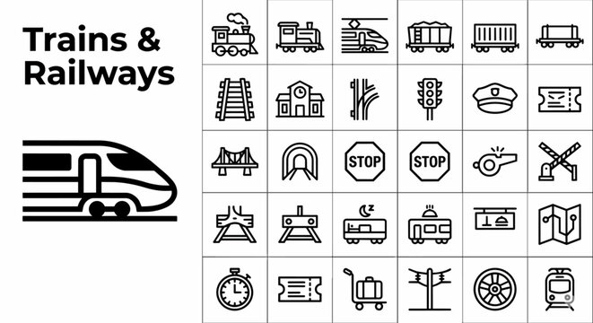 Extensive collection of trains and railways line icons featuring steam locomotives, high-speed bullet trains, freight wagons, railroad tracks, station infrastructure, signaling systems, and essential 