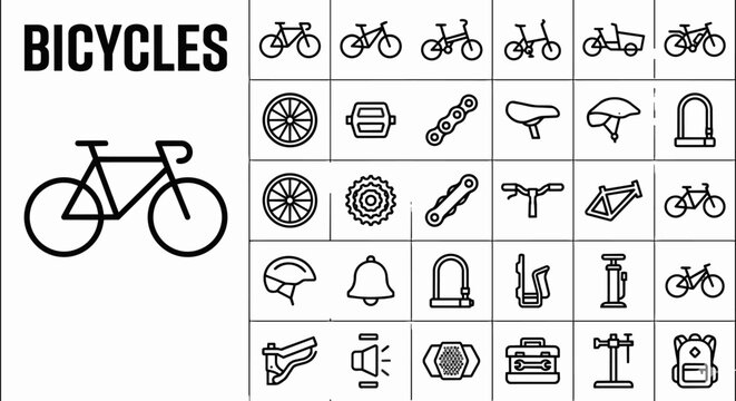 Extensive set of bicycle line icons featuring various bike styles including road, mountain, folding, and cargo bikes, along with essential cycling gear, spare parts, maintenance tools, and outdoor acc