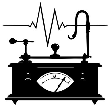 Stylized vintage pocket barograph with ecg recording chart and weather instruments on top black silhouette on white background
