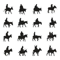 Fototapeta premium Diverse Vector Silhouettes People Riding Donkeys and Horses Collection