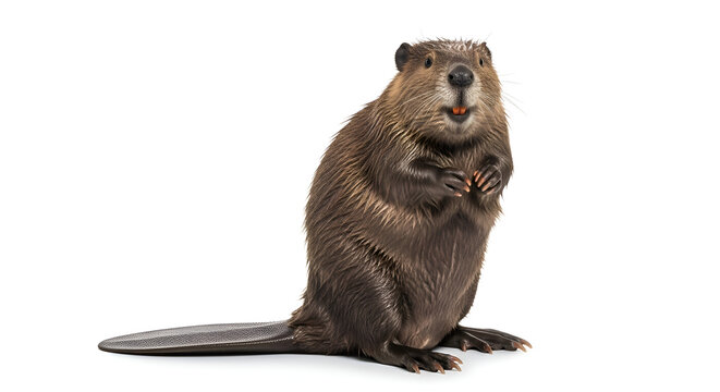 Brown beaver sitting on white background.