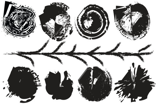 Intriguing collection of black and white inkblot tests with a branch evoking psychological analysis and rorschach testing