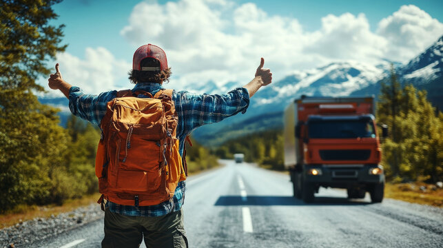 A backpacker hitchhikes on a scenic mountain road, thumbing for a ride, enjoying the breathtaking landscape