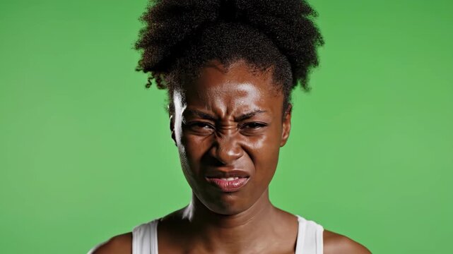 Confused woman with puzzled expression on green background
