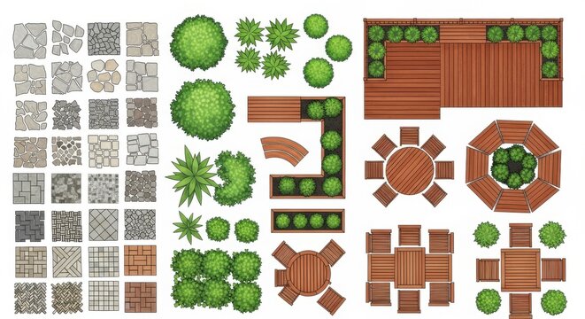Top view landscape design elements set with trees shrubs furniture and paving patterns