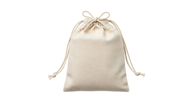 Plain light beige fabric drawstring pouch isolated on transparent background
