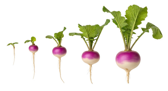 Growth stages of a turnip plant from a small sprout to a mature root vegetable with green leaves and purple-white bulb.