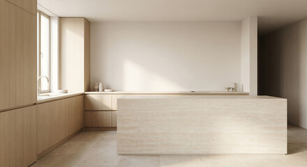 Fototapeta premium A modern kitchen with light wood cabinetry and a travertine island is bathed in natural light from a large window.