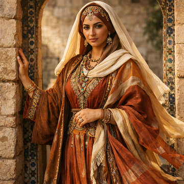 Woman in richly embroidered traditional robe framed by a stone archway