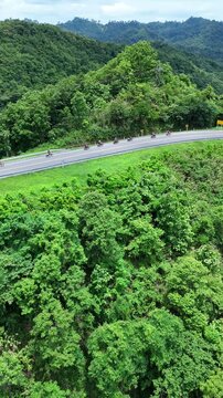 Aerial View of Motorcycles and Cars on Winding Road Through Lush Green Forested Hills, Showcasing Natures Beauty and Travel Adventure