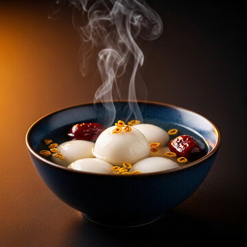 Steaming bowl of sweet glutinous rice balls with red dates in syrup