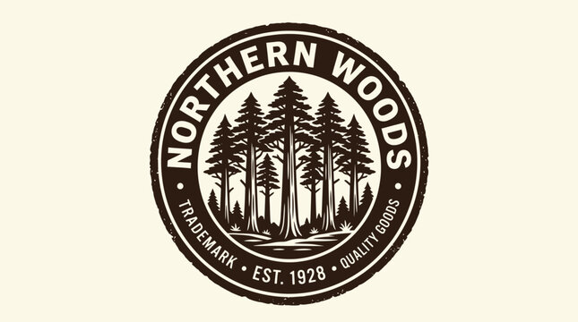 Northern Woods Trademark Logo - Vintage Design with Trees and Text.
